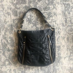 Cole Haan Black Leather Handbag with Gold Zipper